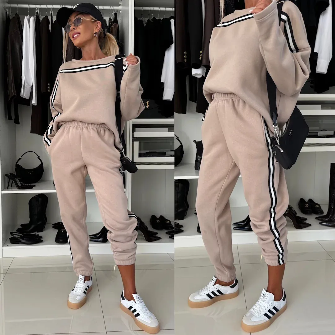 Women Casual Color Block Top And Bottom Round Neck Long Sleeve Sweatshirt Jogger Pants Sporty Fashion Tracksuit