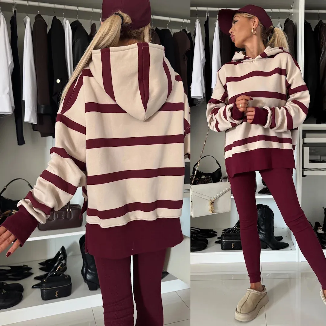 Conjunto Top And Bottom Casual de Poliéster para Mujer con Sudadera con Capucha y Pantalones a Rayas con Estampado de Leopardo para Otoño Invierno