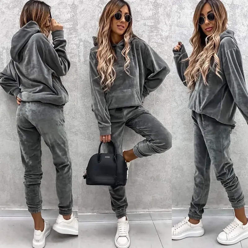 Damen Casual Hoodie Top Und Bottom Einfarbig Langarm Samt Textur Kapuzenpullover Und Sporthose Streetwear Alltag Kleidung