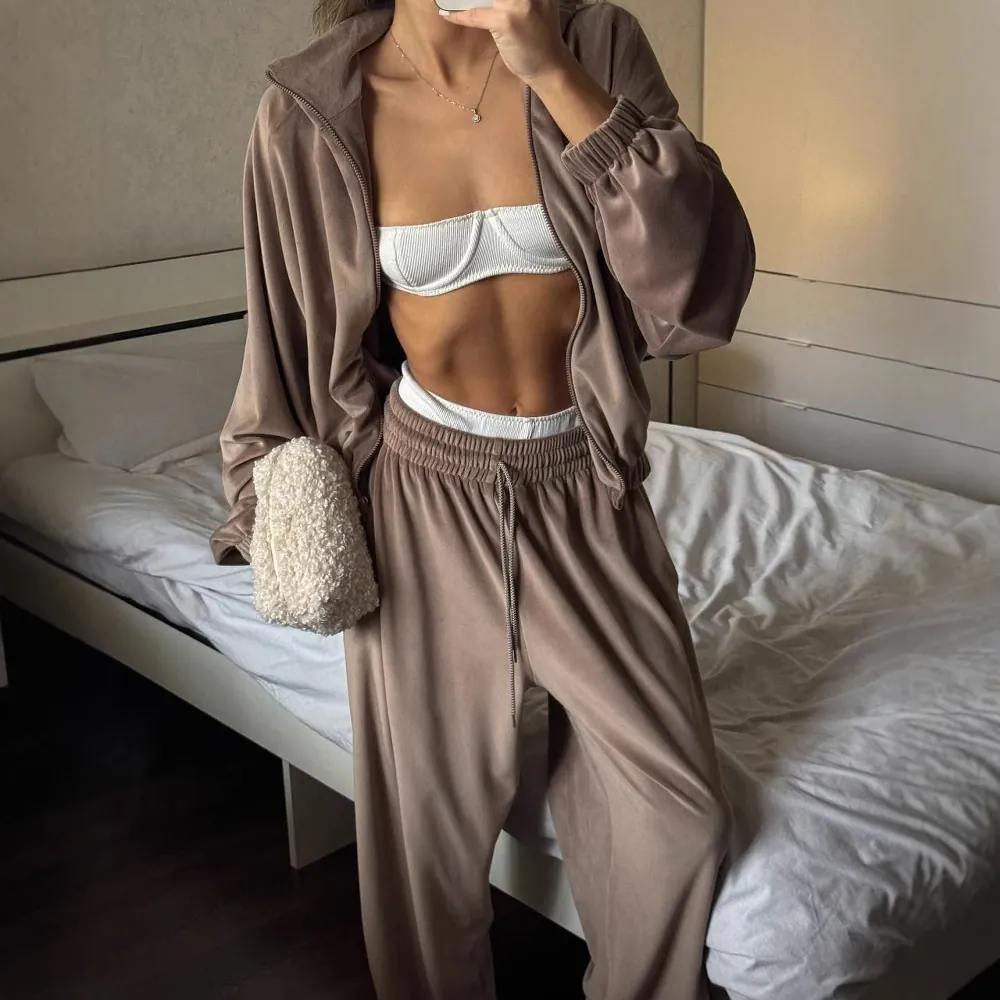 Women Casual Velvet Tracksuit Set Solid Color Full Zip Hoodie Jacket And High Waist Wide Leg Pants Streetwear Outfit Top And Bottom