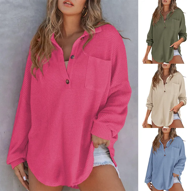 Damen Casual Waffelstrick Langarm Oberteil V-Ausschnitt Geknöpft Locker Bequem Baumwollmischung Pullover Mit Tasche T-Shirt