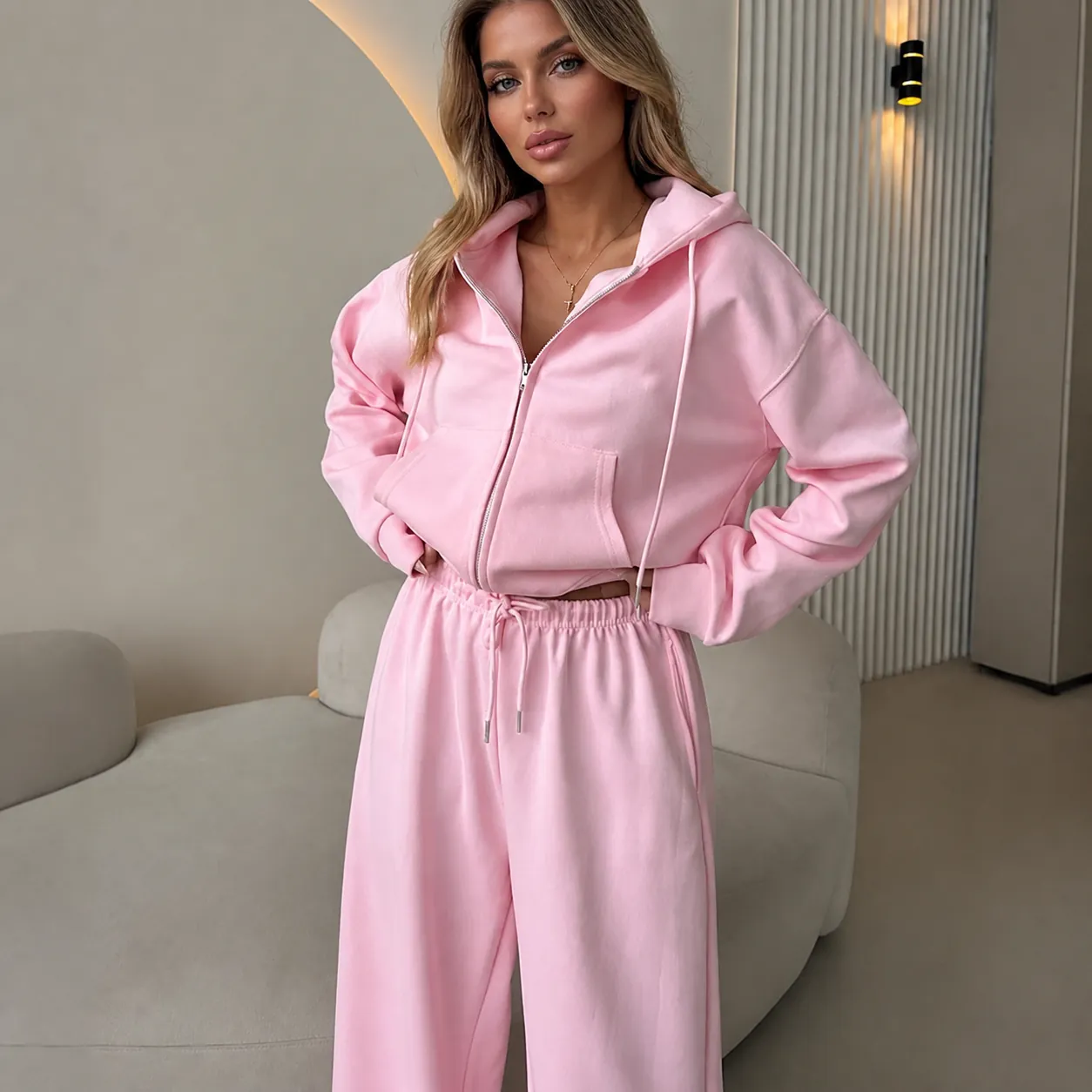 Women Fashion Solid Color Sports Cotton Tracksuit Set Long Sleeve Zip Hoodie Drawstring Wide Leg Pants Sweatsuit Top And Bottom