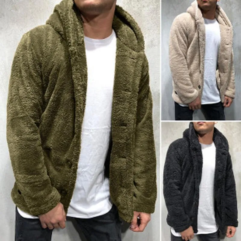 Men Fashion Hooded Teddy Sherpa Fleece Cardigan Jacket Button Down Solid Color Long Sleeve Warm Plush Top For Winter Casual