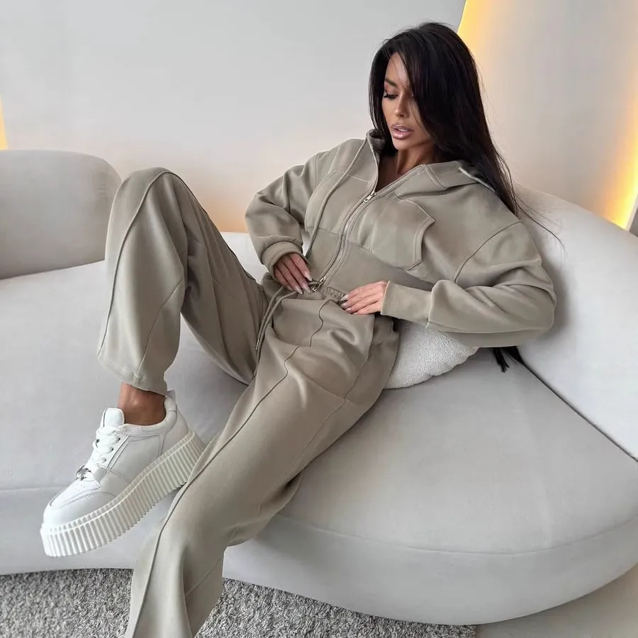 Ensemble de Sweat-Shirt en Mélange de Coton pour Femmes Sweat à Capuche et Pantalon Large Streetwear Deux Pièces