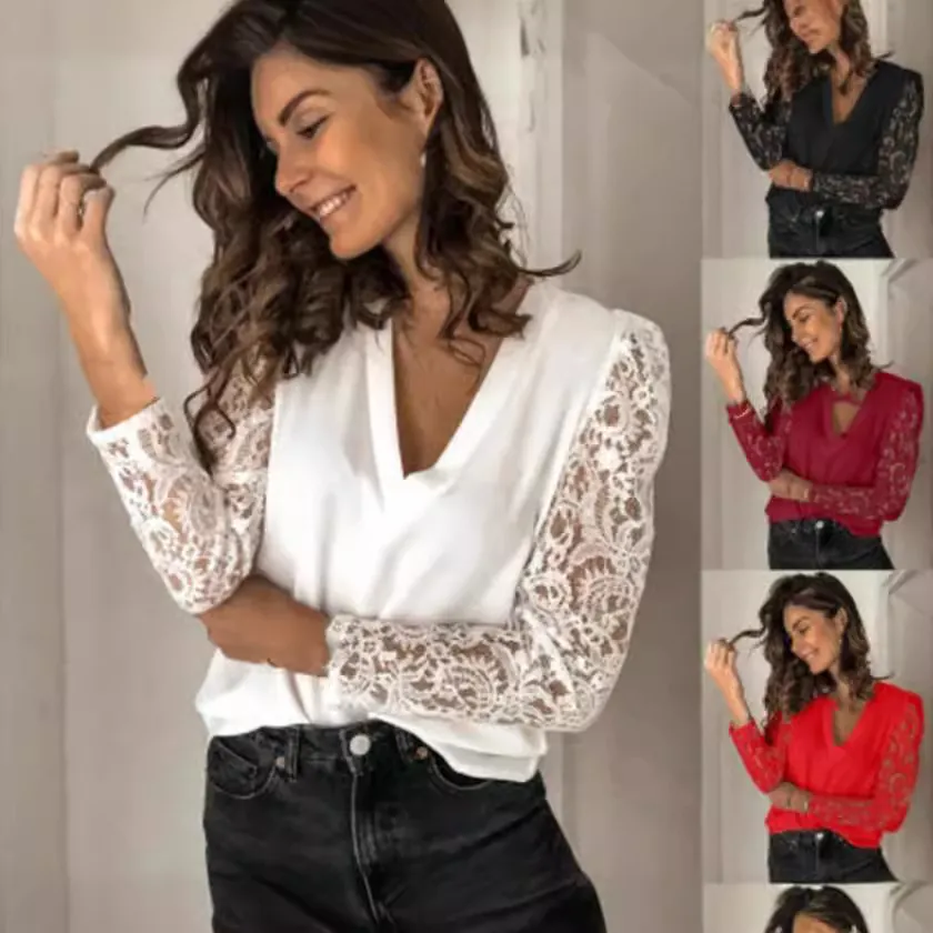 Women V-Neck Slim Fit Long Sleeve Top Lace Patchwork Polyester Spandex Elegant Base Shirt Casual Hollow Out Crochet Blouse