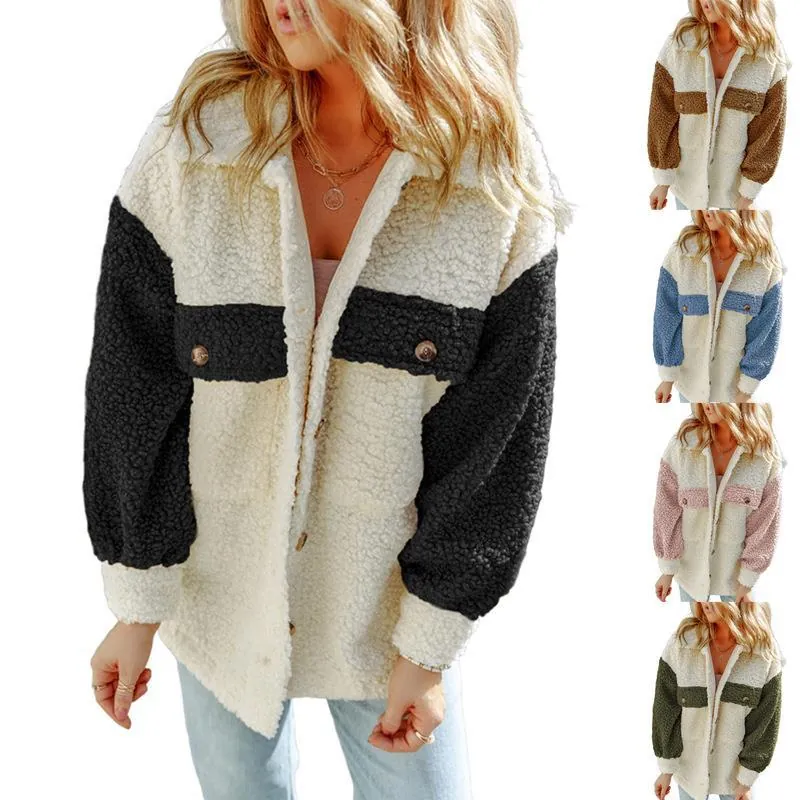 Giacca da Donna Casual in Pile Sherpa a Blocchi di Colore Manica Lunga Patchwork Cappotto Largo con Bottoni e Tasche Top
