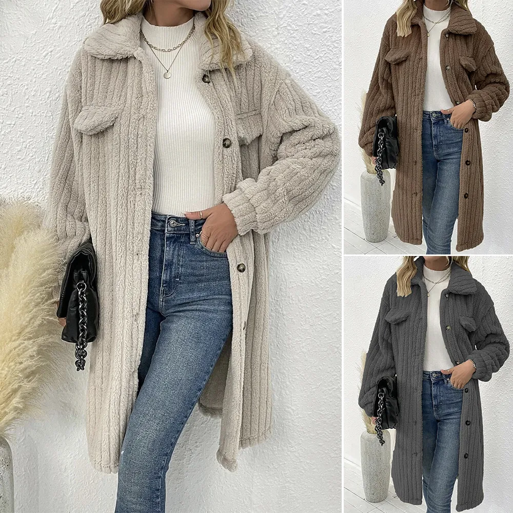 Dames Faux Fur Lamswol Teddy Jas Lange Mouw Revers Single Breasted Dik Warm Effen Kleur Casual Outwear Top Herfst Winter
