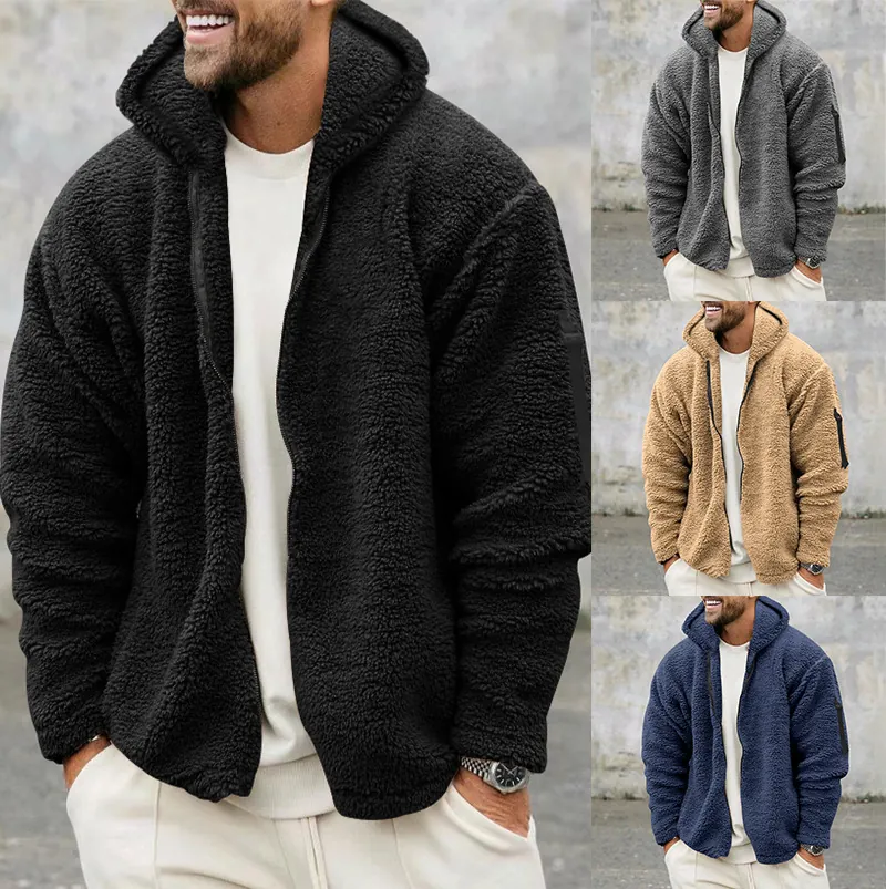 Herren Winter Verdickt Polar Fleece Kapuzenjacke Lässig Einfarbig Lockerer Reißverschluss Hoodie Top Warm Outdoor Hausbekleidung