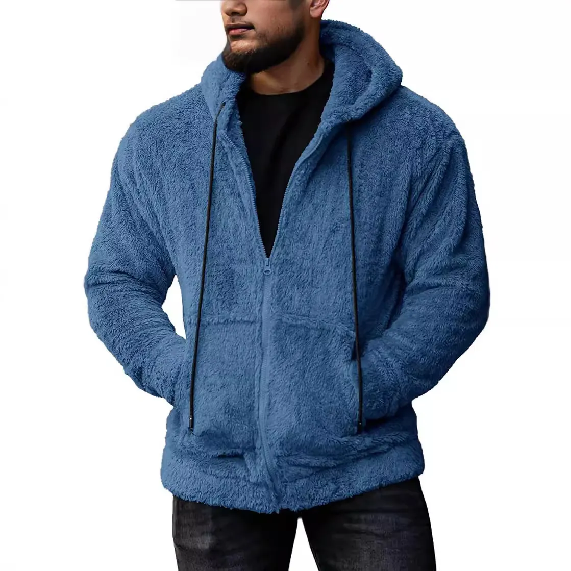 Men Fall Winter Alpaca Blend Acrylic Plush Hooded Cardigan Jacket Minimalist Thickened Loose Zipper Sweater Jacket With Pockets Casual Top