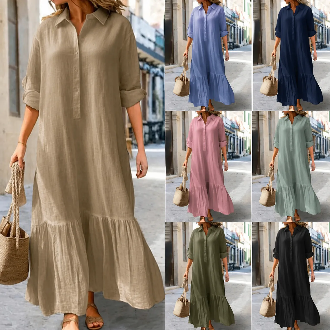 Women Cotton Linen Long Sleeve Shirt Dress Patchwork Button Down Ruffle Hem Casual Maxi Dress With Pockets Leisure Long Dress