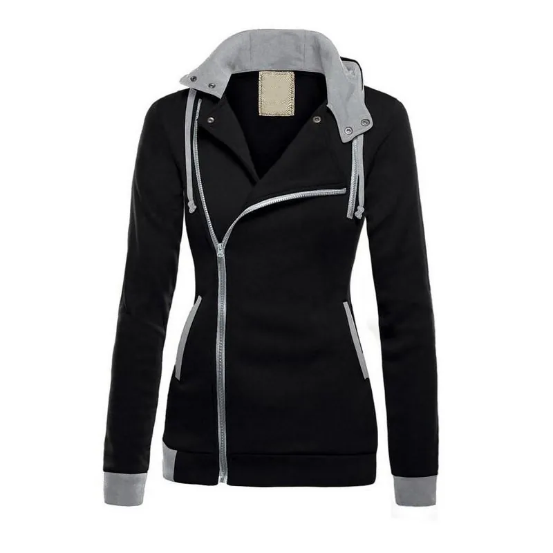Damen Schräger Reißverschluss Fleece Hoodie Farblock Langarm Dick Warm Sweatshirt Slim Fit Streetwear Lässiger Pullover Top