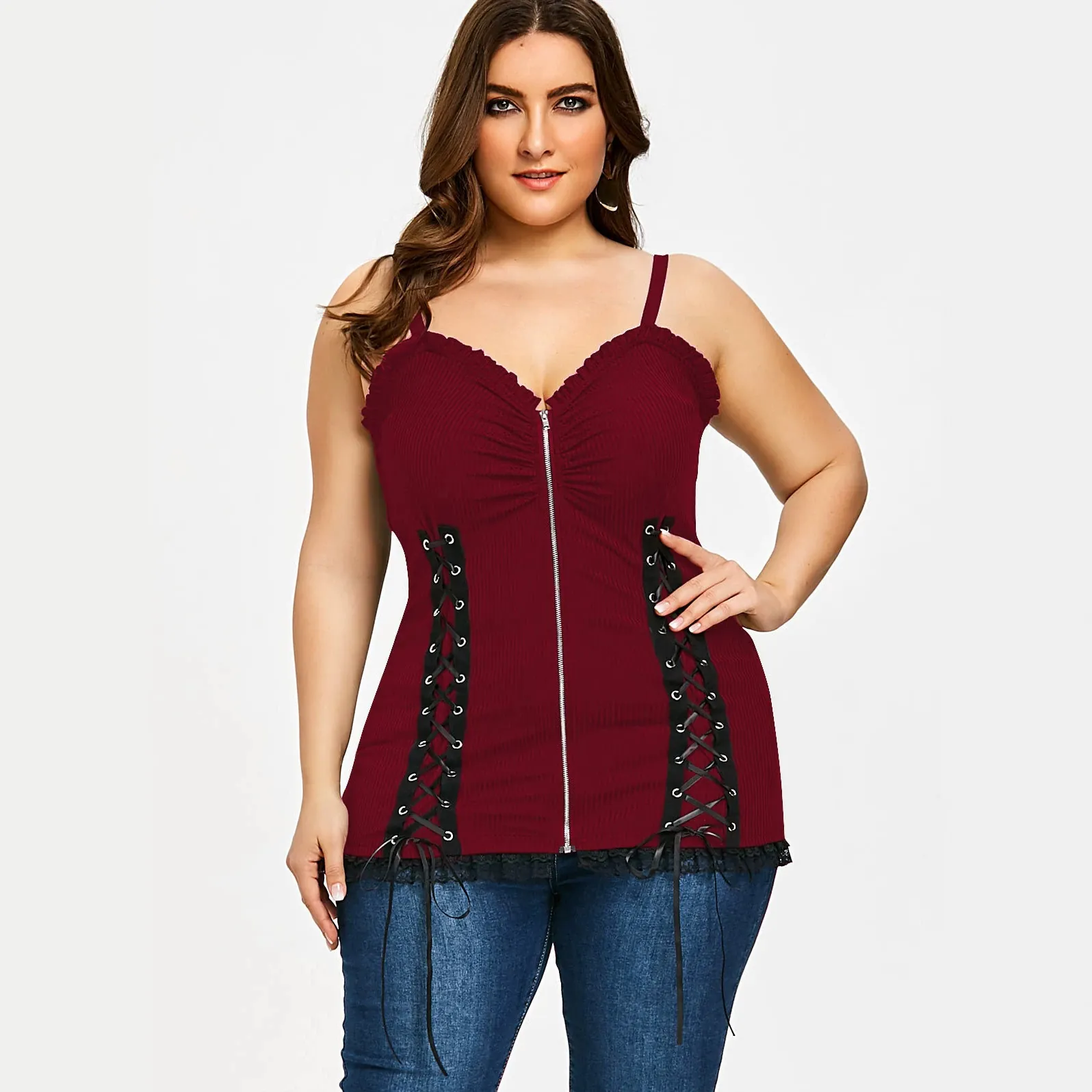 Plus Size Women's Sexy Lace Patchwork Sleeveless Camisole Top Ribbed Knit Tank Top with Zipper and Lace-Up Corset Design