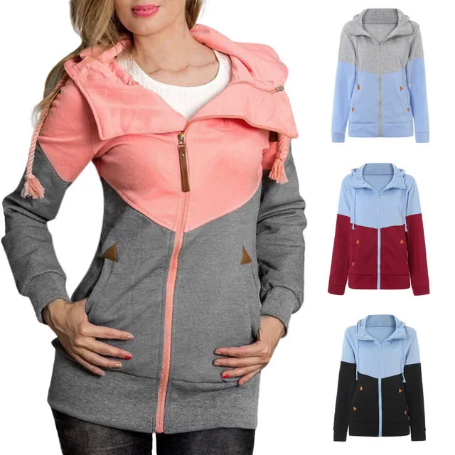 Giacca con Cappuccio Donna Casual Blocchi di Colore Foderata in Pile Felpa a Maniche Lunghe Doppia Cerniera Top Patchwork