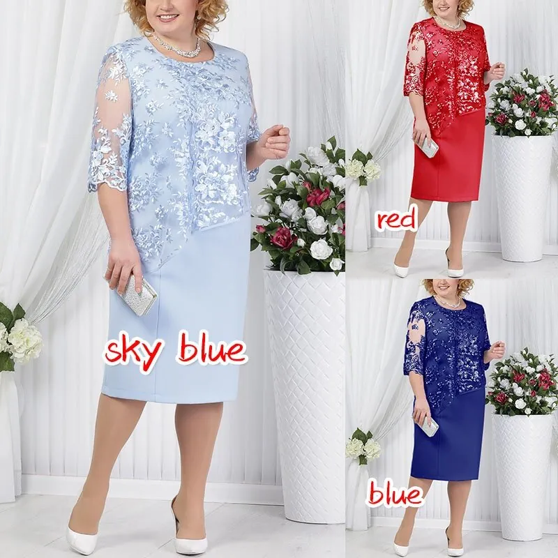 Women Plus Size Lace Patchwork Faux Two-Piece Dress Vintage Floral Embroidered Half Sleeve Midi Pencil Bodycon Party Dress