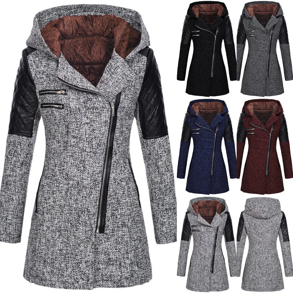 Women's Casual Mid-length Hooded Windbreaker Coat With Asymmetric Zipper Thick Winter Warm Faux Leather Patchwork Jacket