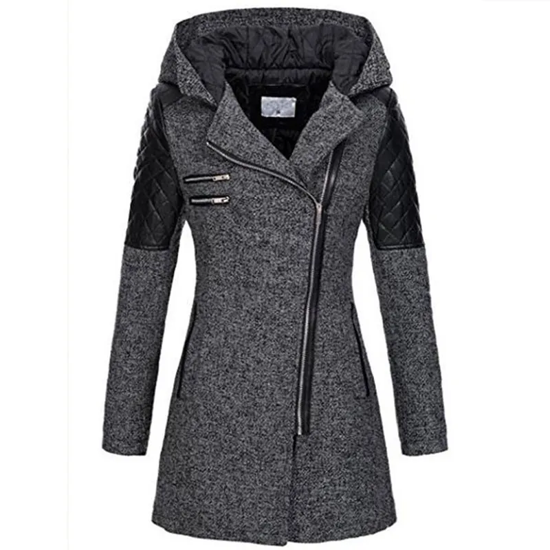 Giacca da Donna in Poliestere Patchwork Pelle PU Cappuccio Cerniera Asimmetrica Europea Maniche Trapuntate Slim Fit Cappotto a Vento Lunghezza Media