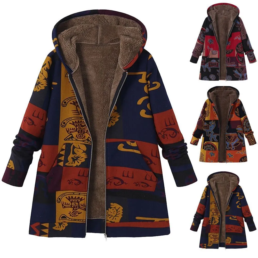 Women Vintage Printed Hooded Jacket Sherpa Lined Color Block Patchwork Zip Up Long Sleeve Outerwear Plus Size Retro Top