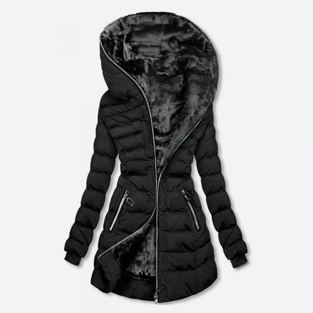 Manteau Rembourré d'Hiver pour Femmes Mi-long Doublure Polaire Veste Chaude Épais Vêtements d'Extérieur Matelassés avec Poches Zippées Couleur Unie Streetwear Décontracté