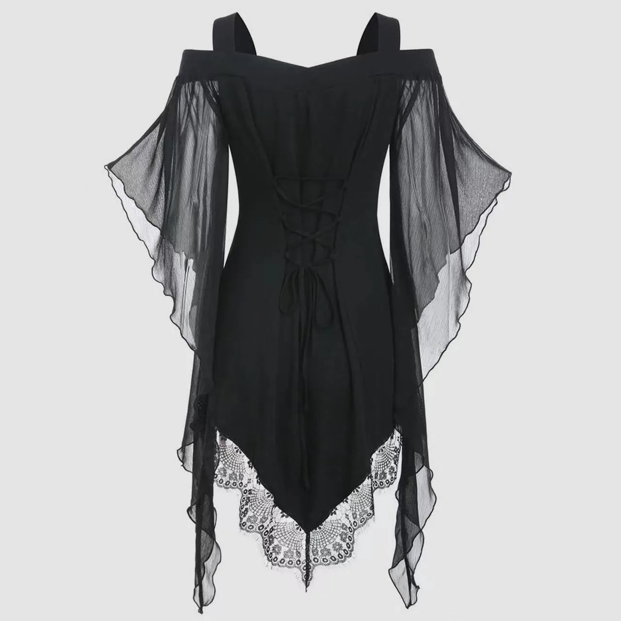 Women Gothic Flared Sleeve Lace-up Chiffon Top Off-shoulder Irregular Lace Trim Blouse Retro Streetwear Style Pullover