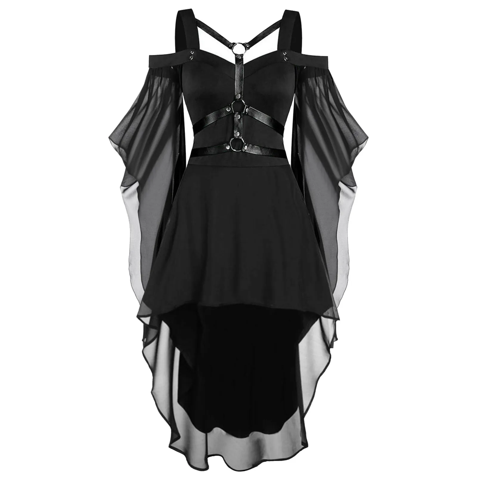 Gotische Heks Halloween Maxi Jurk Onregelmatige Patchwork Gaas Grote Uitlopende Mouw Vintage Punk Feestjurk Voor Dames