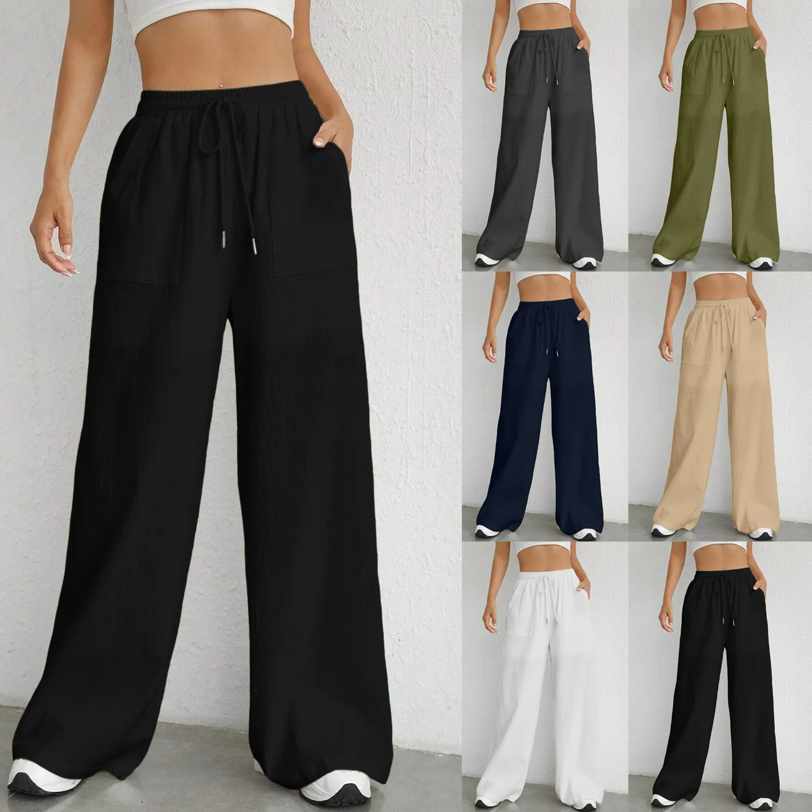 Damen Vintage Leinenmischung Freizeithose Weites Bein Gerade Hose Kordelzug Elastischer Bund Taschen Locker Unterteil Einfarbig
