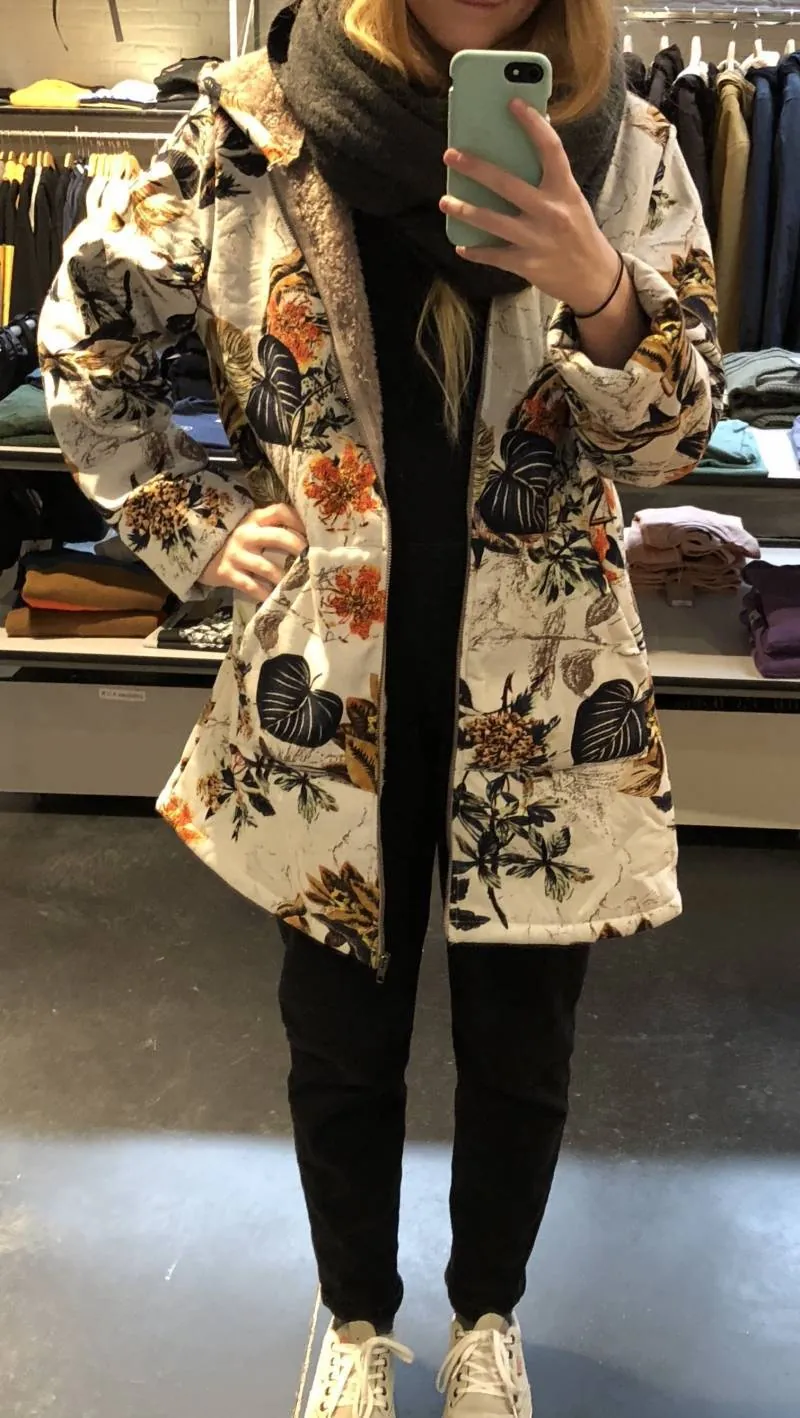 Women Mid-length Hooded Floral Print Jacket Thick Warm Fleece Lined Long Sleeve Zipper Top Coat Plus Size Outerwear