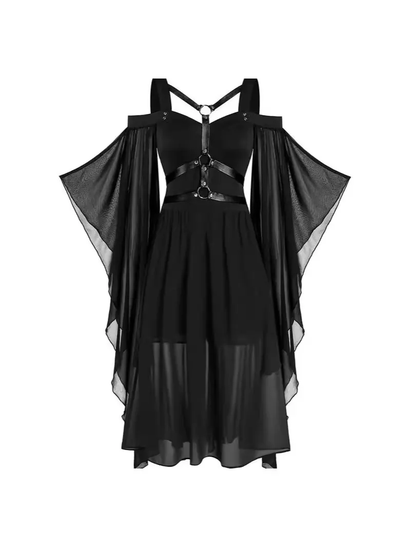 Vestido de Bruja Gótico Vintage de Halloween para Mujer Poliéster Patchwork de Malla Mangas de Campana Dobladillo Irregular Vestido Maxi