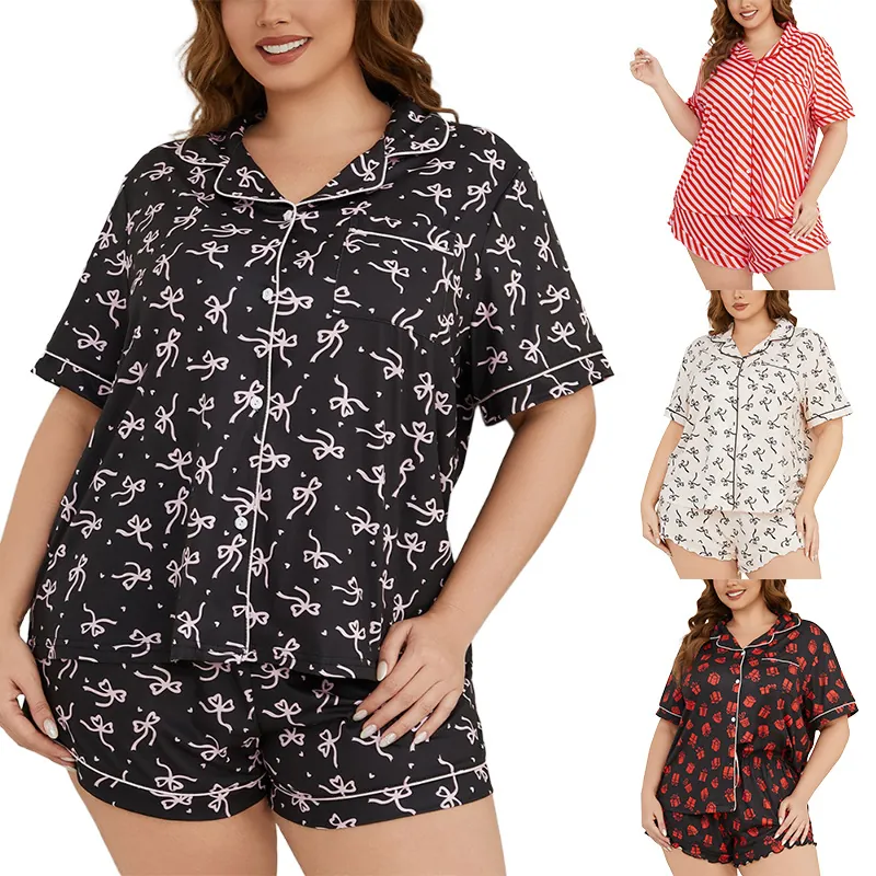 Plus Size Women Loungewear Set Short Sleeve Button Up Lapel Top And Ruffle Shorts Black Pink Bow Striped Pajama Set