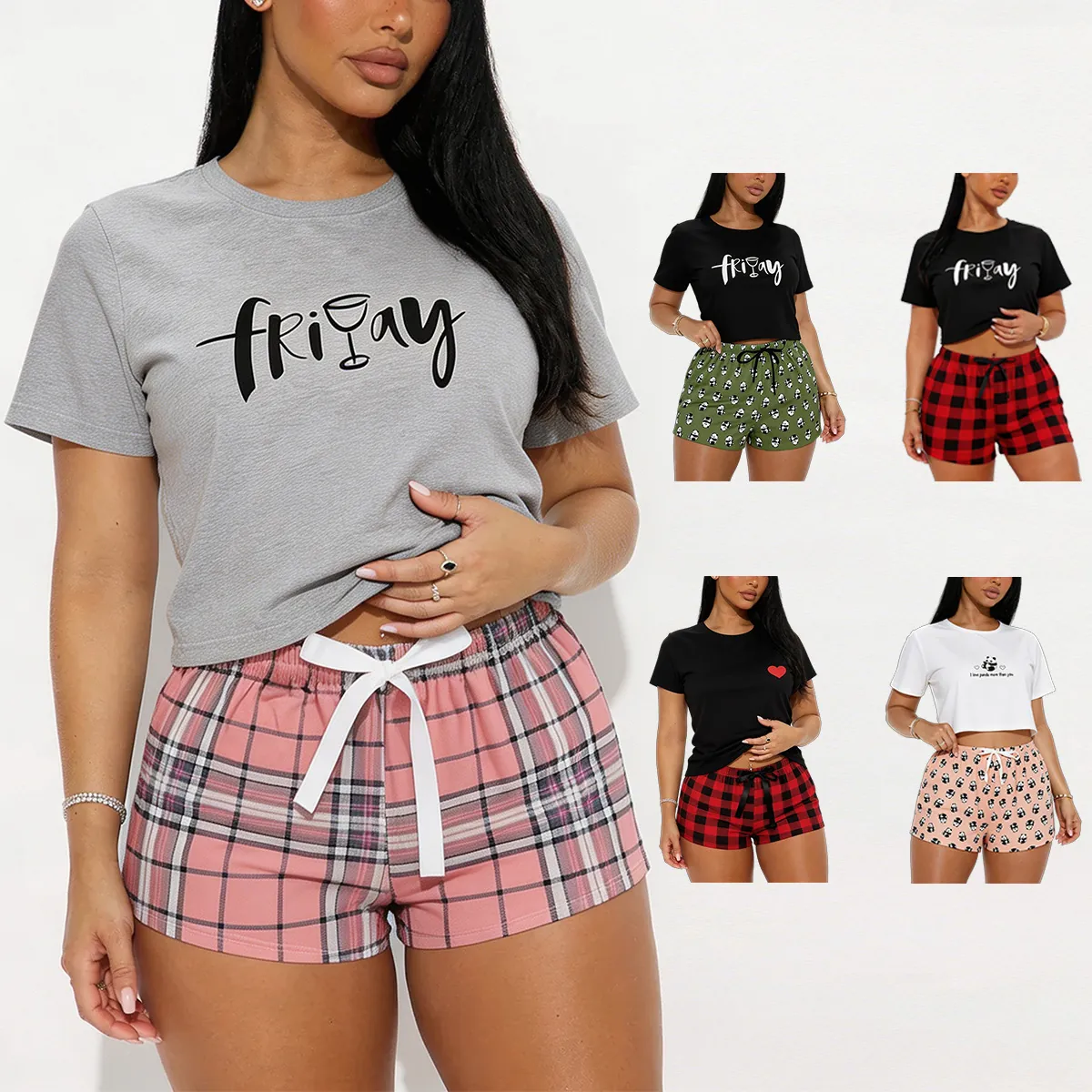 Women Casual Printed Pajama Set Short Sleeve Top And Bottom Summer Loungewear Plaid Panda Pattern Home Wear Sleepwear