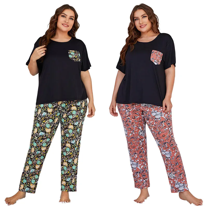 Women's Plus Size Pajama Set Short Sleeve Top And Bottom Floral Print Loungewear Polyester Sleepwear Set For Summer Home Wear