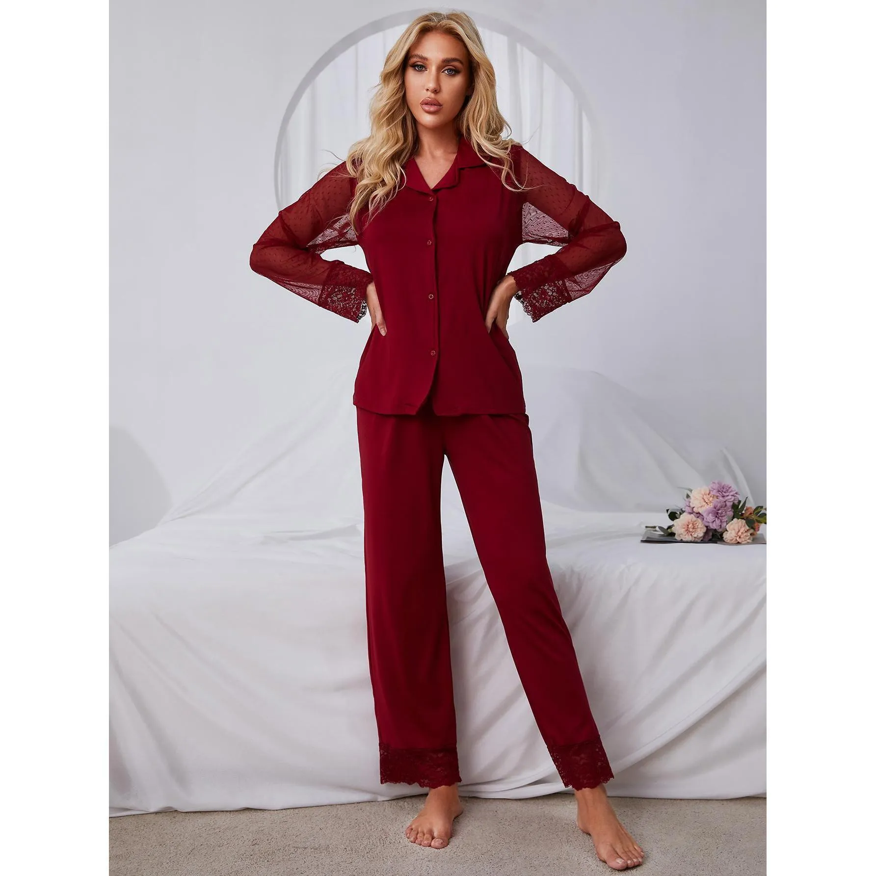 Γυναικείο Casual Μονόχρωμο Σετ Lounge Δαντέλα Πλέγμα Patchwork Μακρυμάνικο Top And Bottom Πυτζάμα Αναπνεύσιμο Ρούχο Σπιτιού