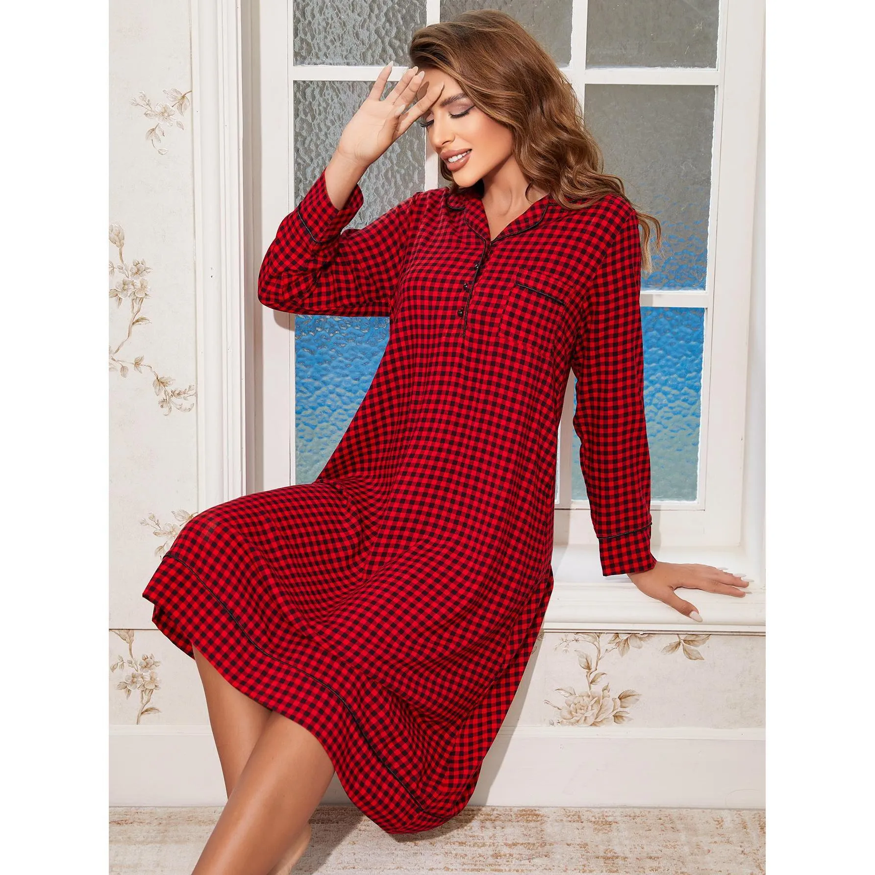 Women Christmas Buffalo Plaid Long Sleeve Viscose Nightdress Button-Down Lapel Loose Sleepwear Red Plaid Loungewear