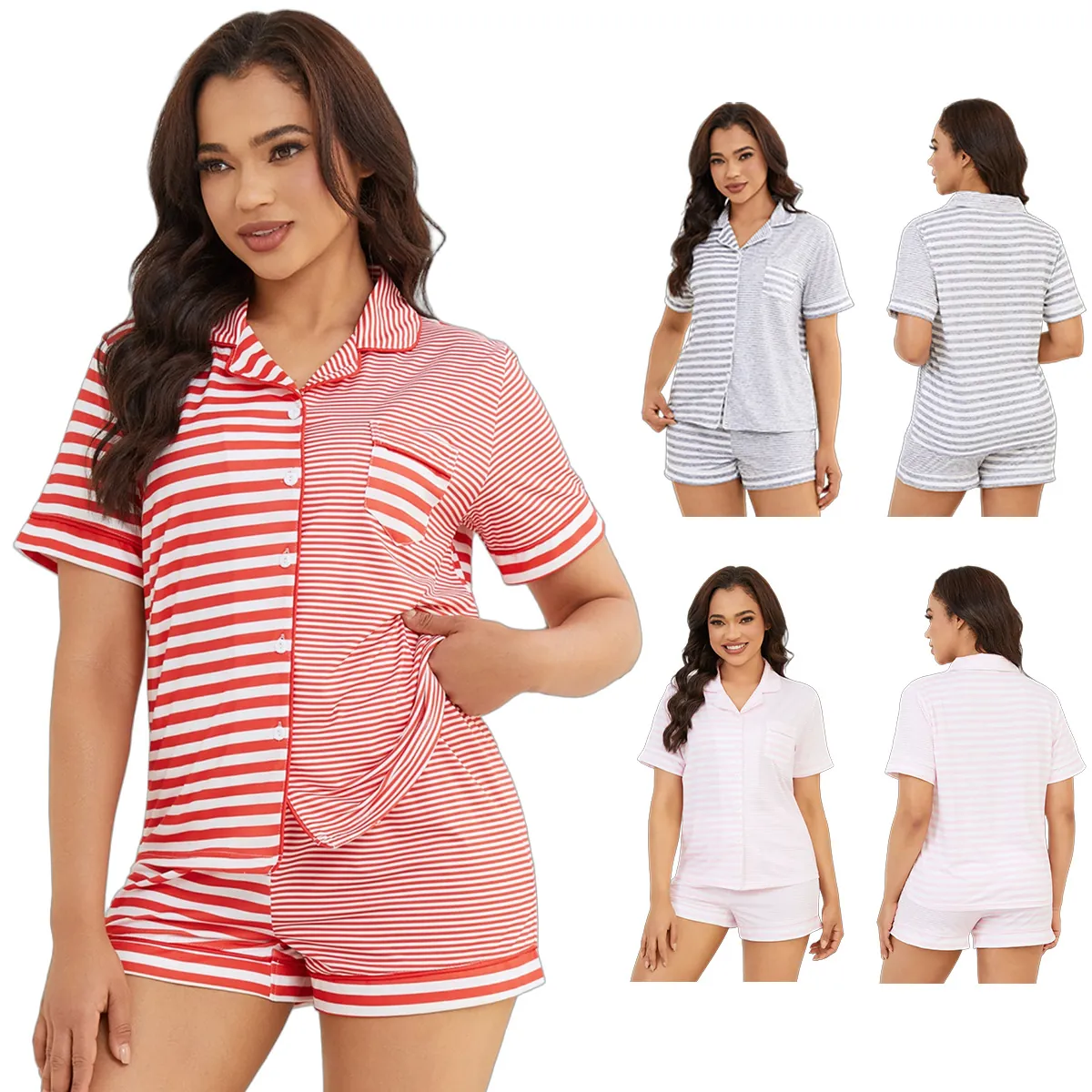Women Striped Pajama Set Lapel Short Sleeve Top And Bottom Loungewear Summer Polyester Breathable Sleepwear Pjs For Lady