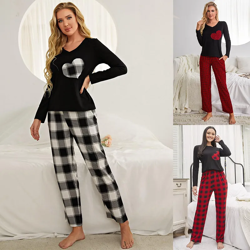 Women Casual Loungewear Set Long Sleeve Heart Pattern Top And Plaid Pants Pajama Set Soft Viscose Polyester Blend Home Wear