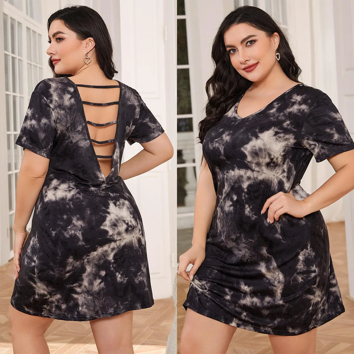 Plus Size Women Tie-Dye Nightgown Sexy Backless V-Neck Short Sleeve Home Nightshirt Casual Loose Sleepwear Dress Summer