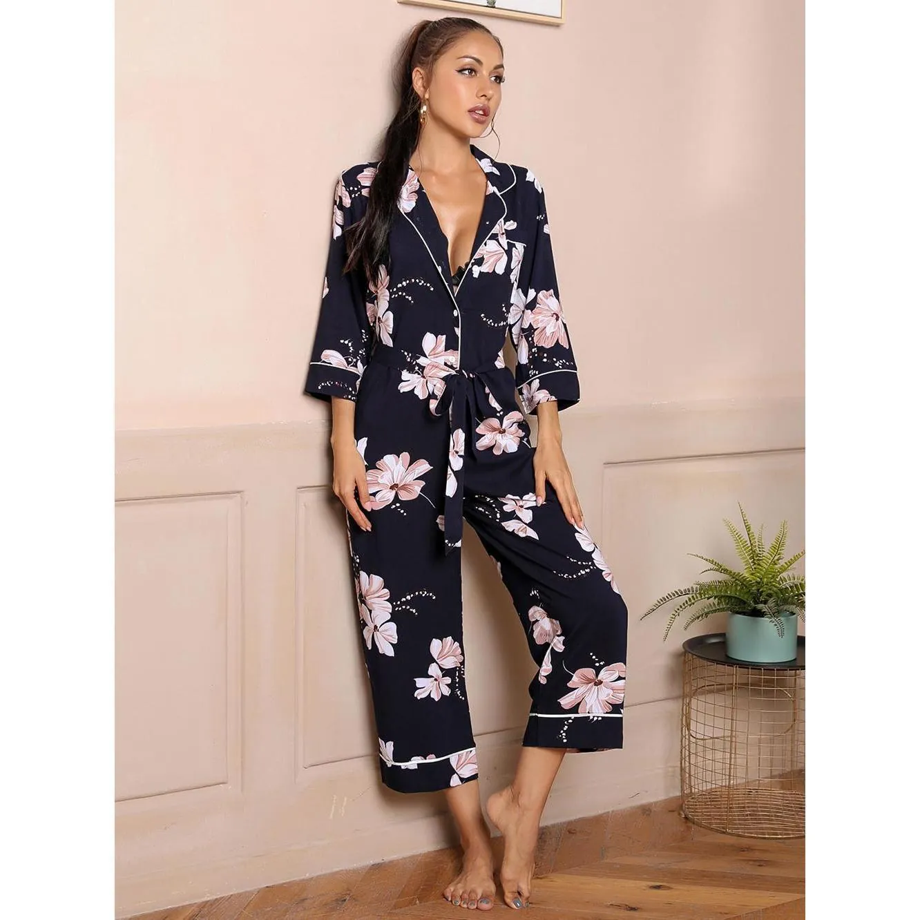 Pyjama Combinaison Femme Imprimé Floral Haut Et Bas Manches Longues Cardigan Boutonné Ceinturé Viscose Loungewear