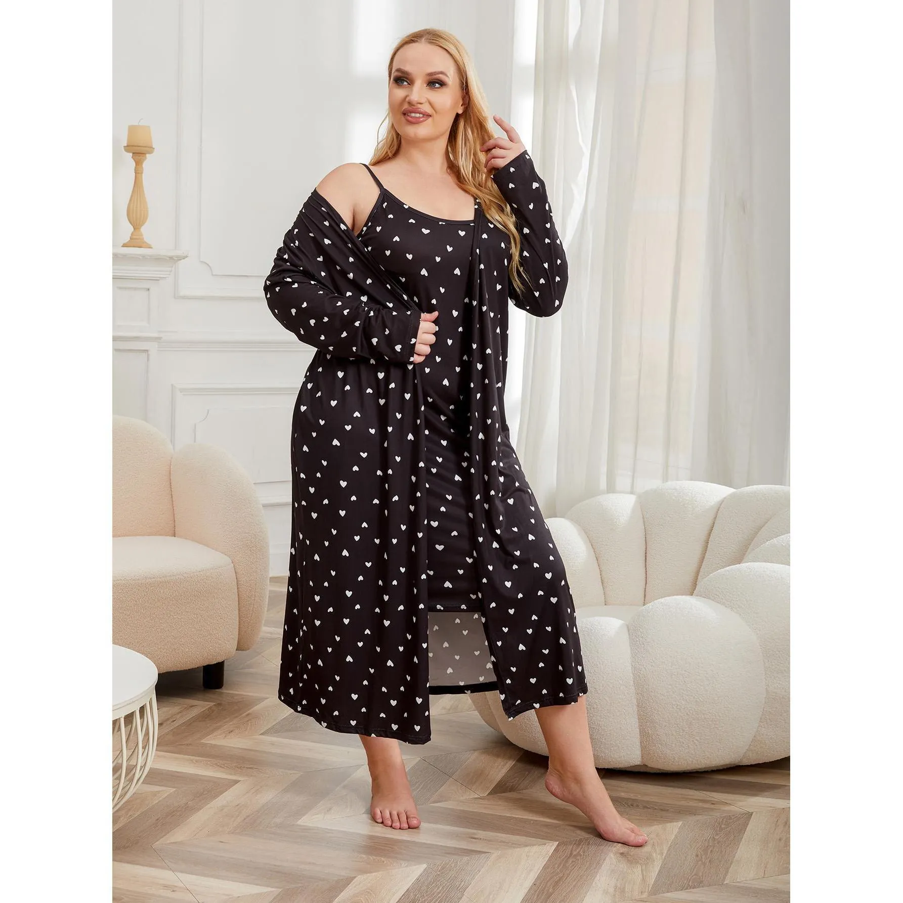 Women Plus Size Satin Loungewear Black Heart Printed Nightgown And Robe Top And Bottom Casual Cooling Sleepwear Clothing