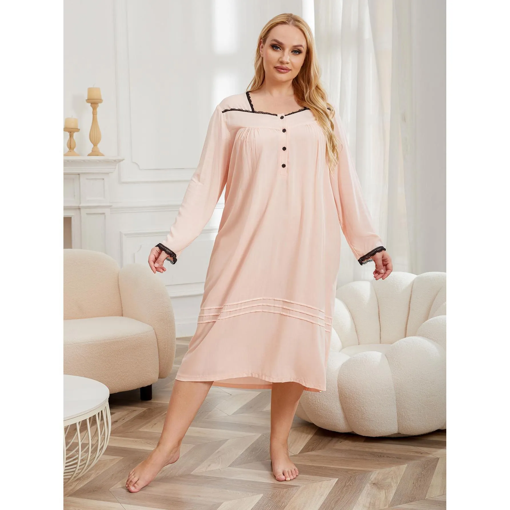 Women Plus Size Long Nightdress Lace Trim Long Sleeve Viscose Sleepwear Simple Casual Loungewear Square Neck Nightgown