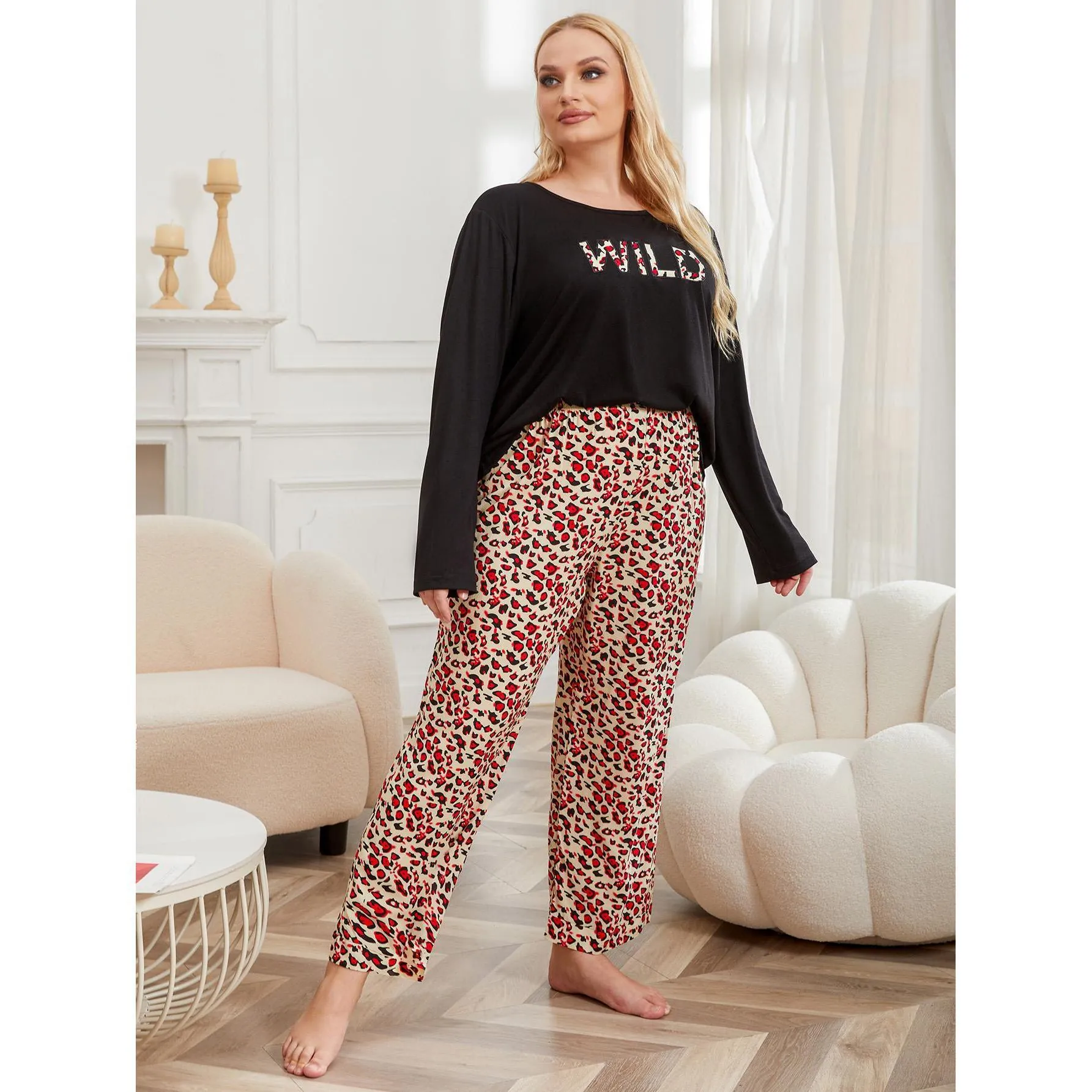Women Plus Size Pajama Set Long Sleeve Top And Bottom Leopard Print Sleepwear Casual Lounge Set Polyester Viscose Nightwear
