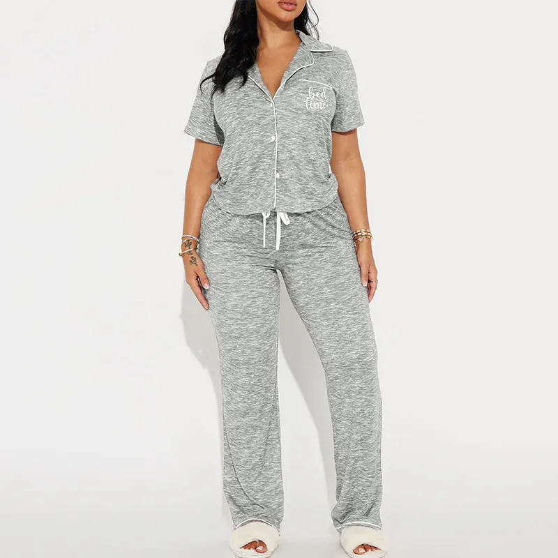Conjunto de Ropa de Descanso para Mujer Gris Jaspeado Top Manga Corta Y Pantalones Largos Pijama Bordado Ropa Casual