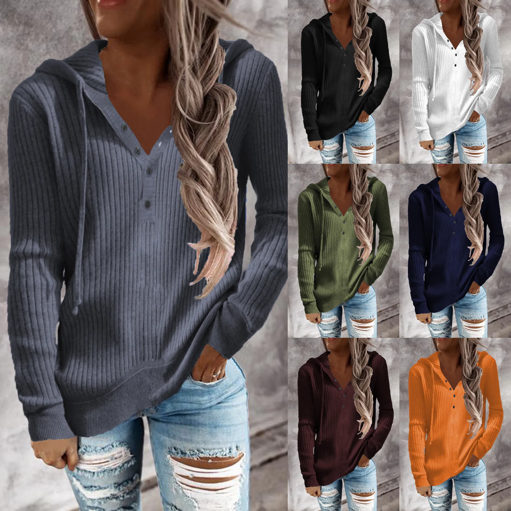 Jersey de Punto Informal para Mujer con Capucha a Rayas Escote en V Manga Larga Sudadera Top Holgado con Botones para Otoño Invierno