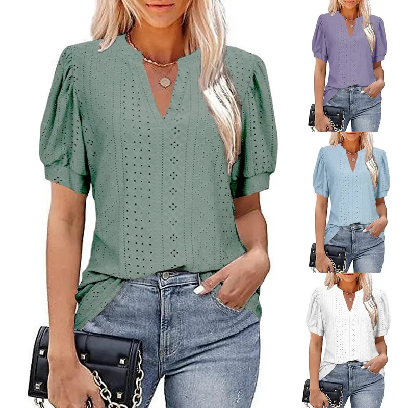 Γυναικείο Casual T-Shirt με Λαιμόκοψη V και Φουσκωτά Μανίκια Μονόχρωμο Διάτρητο Πολυεστέρα Καλοκαίρι