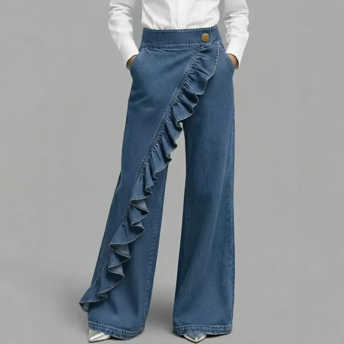 Women Retro High Waist Asymmetric Ruffle Wide Leg Jeans Casual A-Line Solid Denim Style Loose Fit Polyester Pants For Ladies
