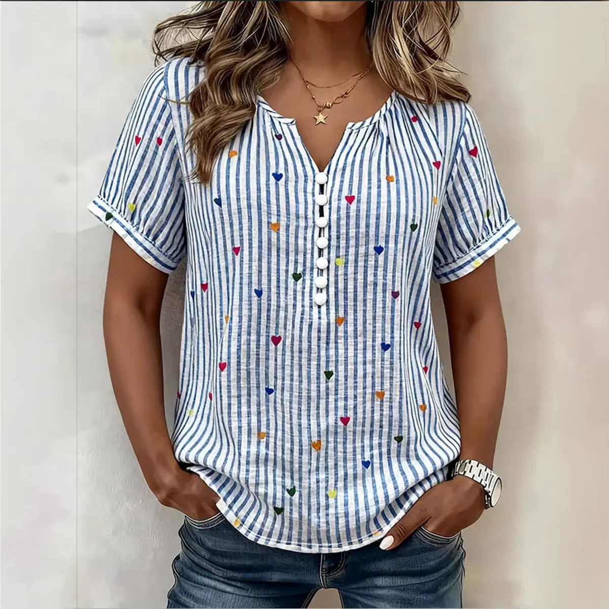 Women Plus Size Heart Print Striped Short Sleeve Shirt Casual V Neck Button Up Loose Mid-Length Blouse Top