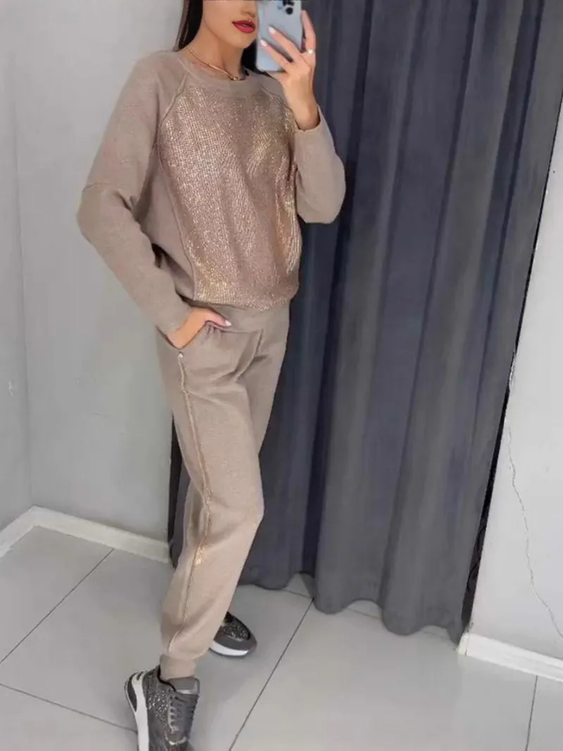 Women Fashion Tracksuit Hot-fix Rhinestone Round Neck Long Sleeve Sweatshirt and Jogger Pants Two-Piece Set Casual Lounge Wear