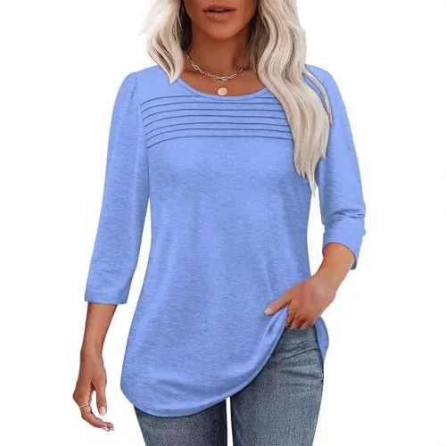 Damen Rundhals Langarm Gestreiftes T-Shirt Polyester Plissiert Lässig Basic Tee Top Pullover Frühling Mode Weiche Kleidung