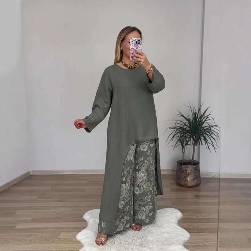 Damen Casual Leinen Polyester Top Und Bottom Unregelmäßiger Saum Langes Top Retro Floral Weite Hose Bequemes Mode Outfit