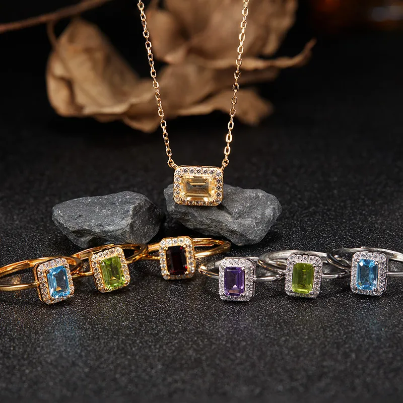 925 Sterling Silver Natural Gemstone Ring For Women Elegant Halo Amethyst Citrine Topaz Garnet Peridot Rhinestone Ring Jewelry Gift