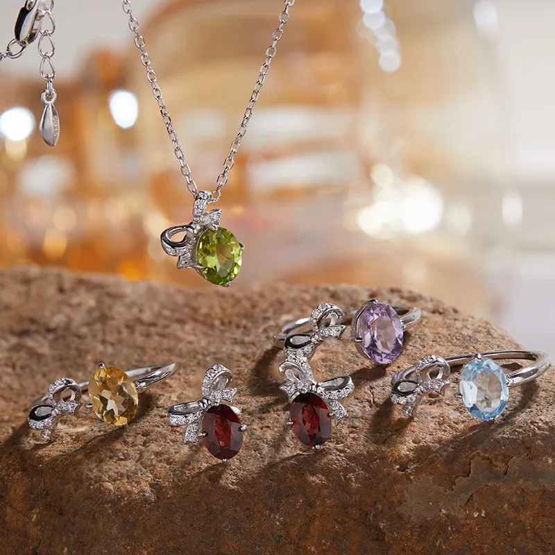 S925 Sterling Zilver Amethist Citrien Peridoot Granaat Topaas Vlinder Strik Ring Ketting Oorbellen Vrouwen Sieraden GRA