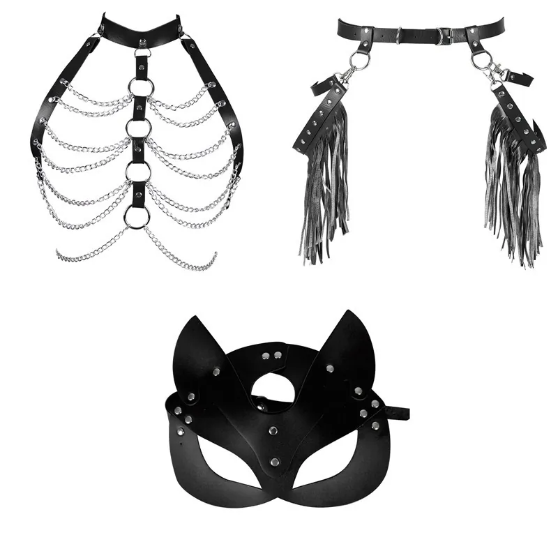 Gothic Faux Leather Lingerie Set With Fox Mask Chain Body Harness And Tassel Belt For Costume Party Performance Women Accessories